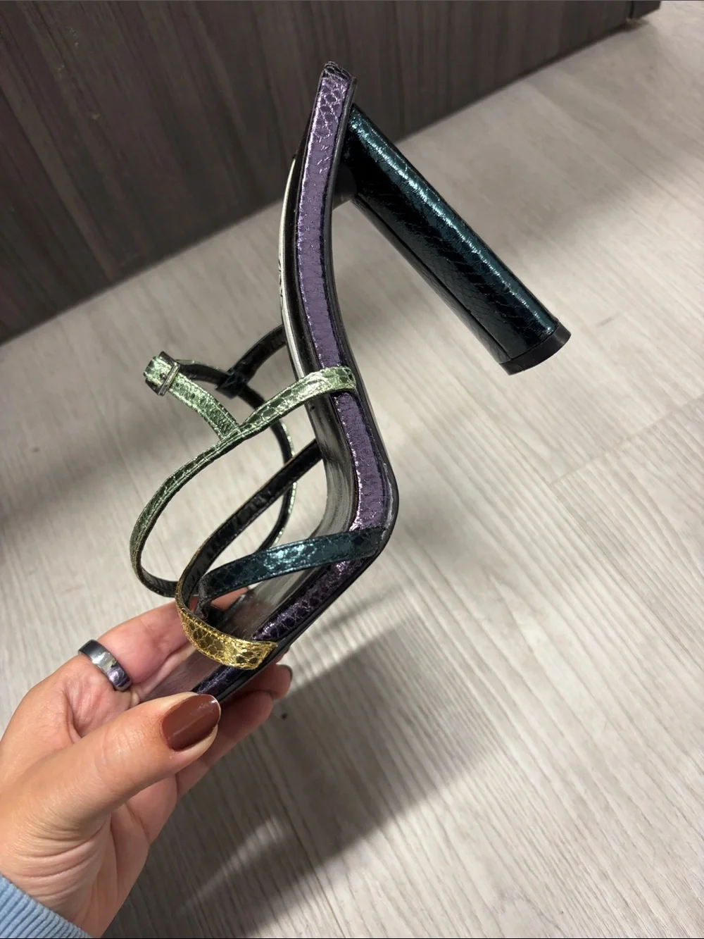 Zara Metallic Purple, Green & Gold Strappy Block Heel Sandals